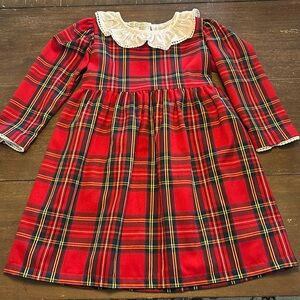 Dainty Bear Red Plaid Christmas Ruffle Collar Dress